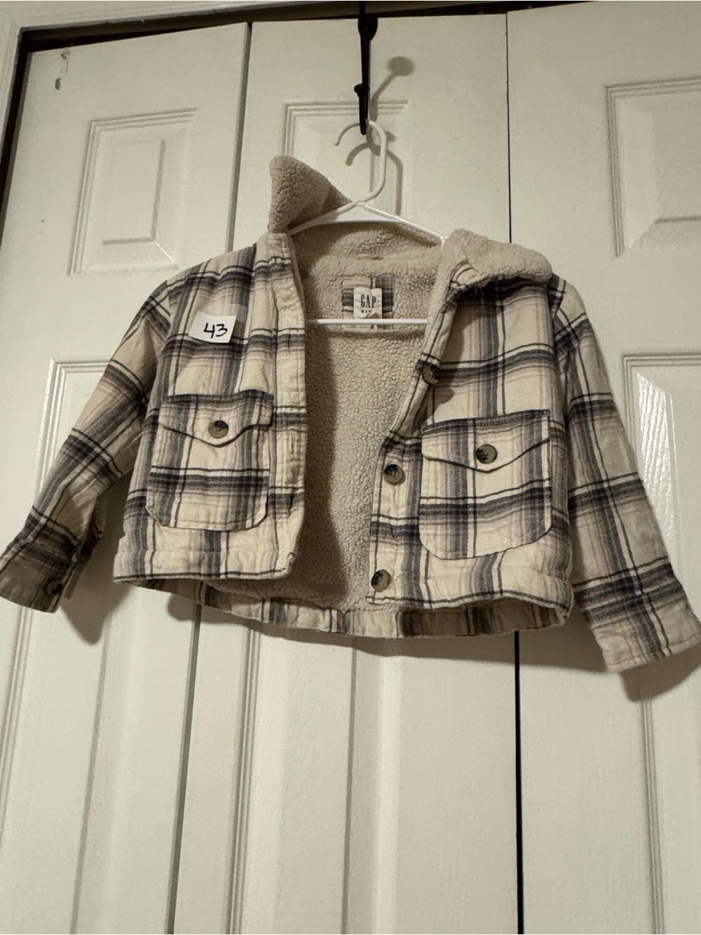 GAP Cream and Black Plaid Sherpa-Lined Jean Jacket